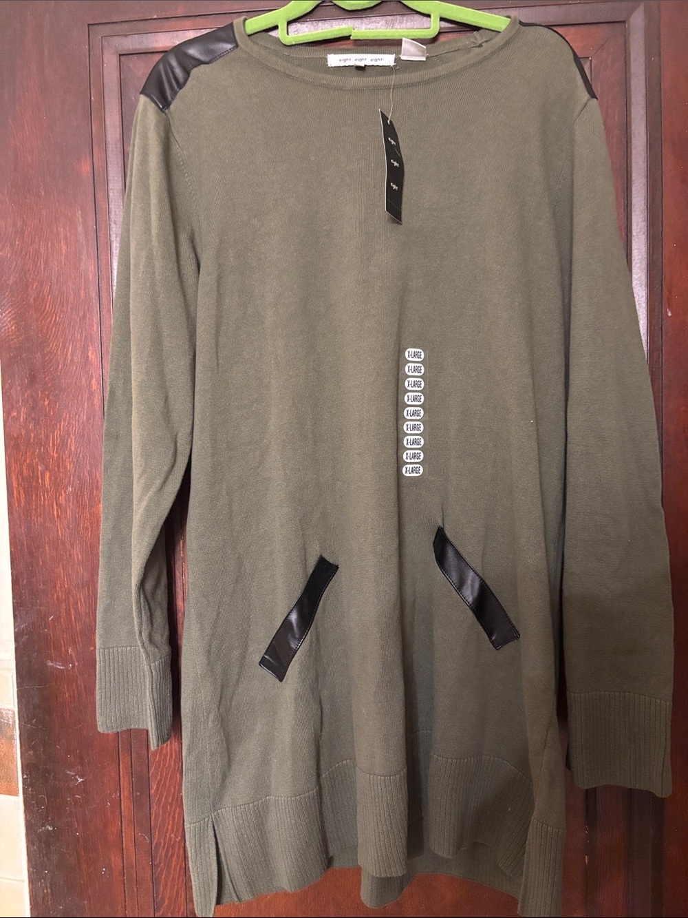 eight eight eight Olive Green Crew Neck Sweater with Faux Leather Detail